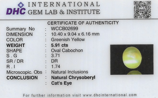 Chrysoberyl Cats Eye (Vaiduryam) 10x9 MM 5.91 carats
