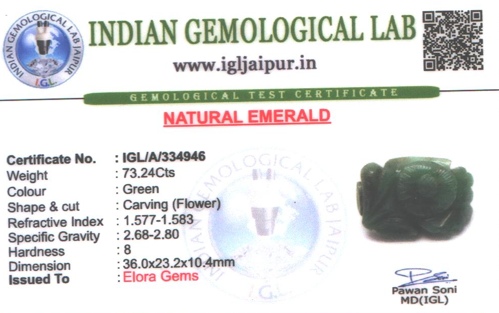Emerald Flower Carving Gem Stones 36x23 MM 73.24 carats