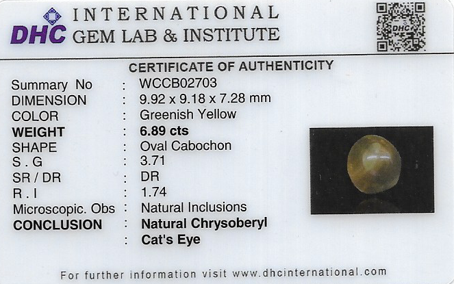 Chrysoberyl Cats Eye (Vaiduryam) 10x9 MM 6.89 carats