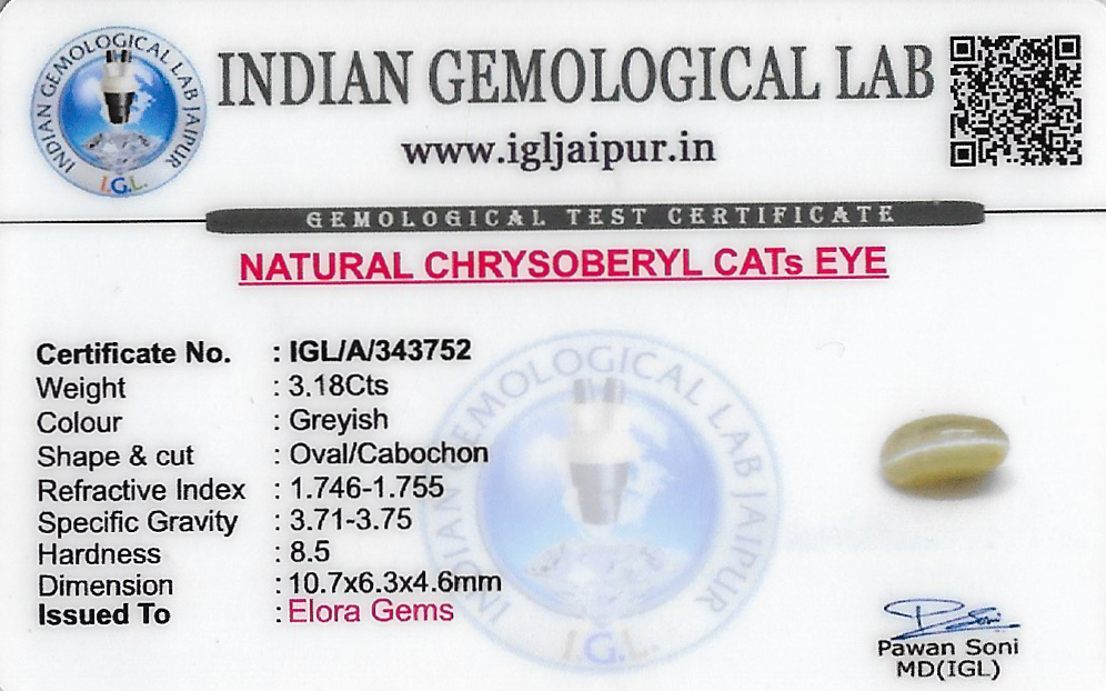 Chrysoberyl Cats Eye (Vaiduryam) 11x6 MM 3.18 carats