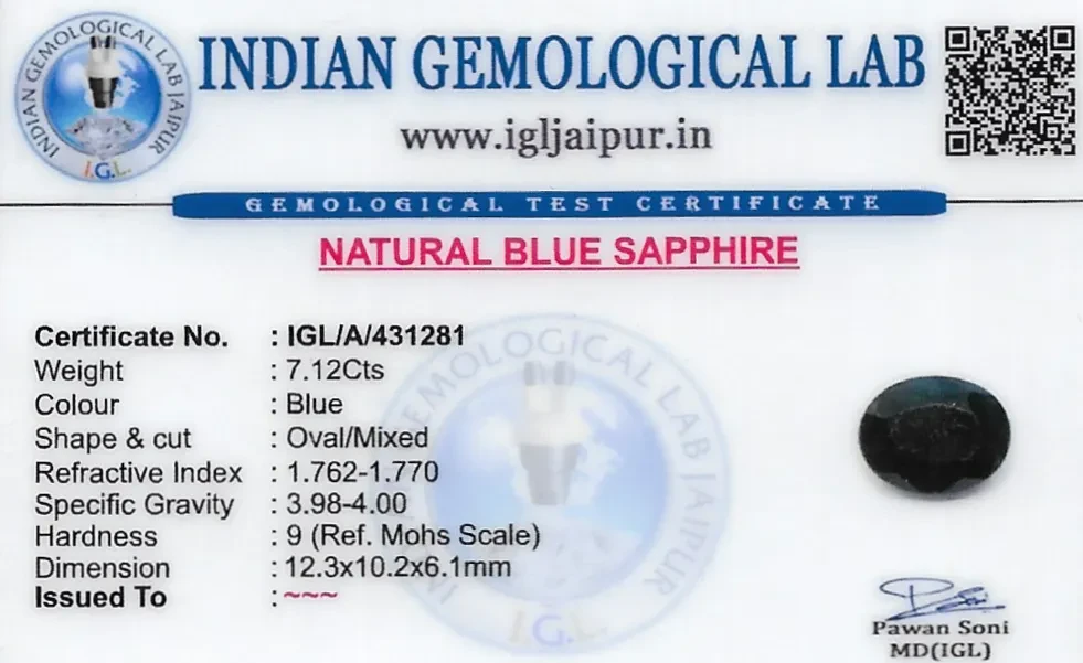 Blue Sapphire (Neelam) 12x10 MM 7.12 carats
