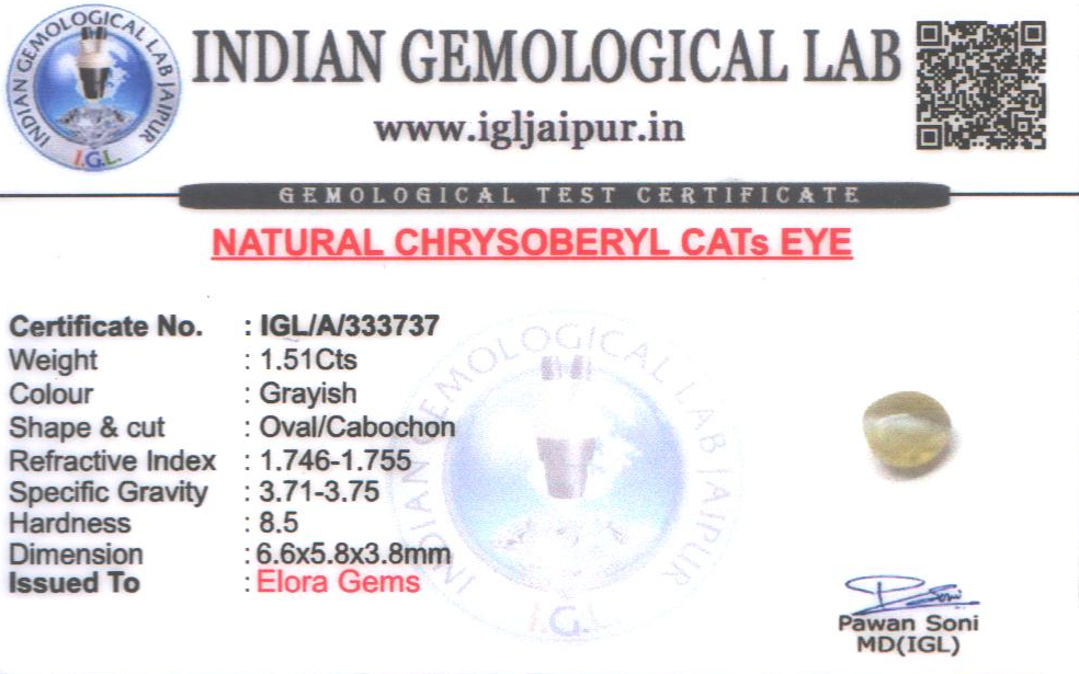 Chrysoberyl Cats Eye (Vaiduryam) 7x6 MM 1.51 carats
