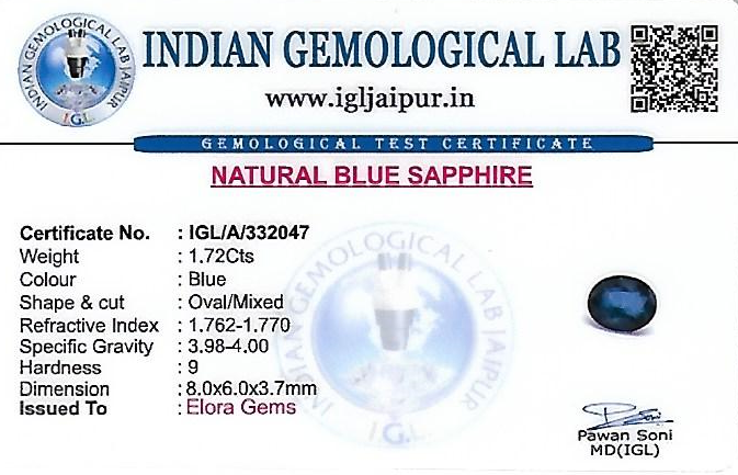 Blue Sapphire (Neelam) 8x6 MM 1.72 carats