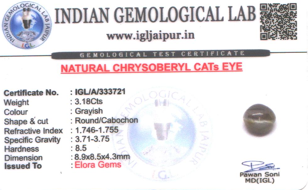 Chrysoberyl Cats Eye (Vaiduryam) 9x9 MM 3.18 carats