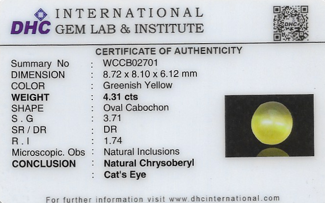 Chrysoberyl Cats Eye (Vaiduryam) 9x8 MM 4.31 carats