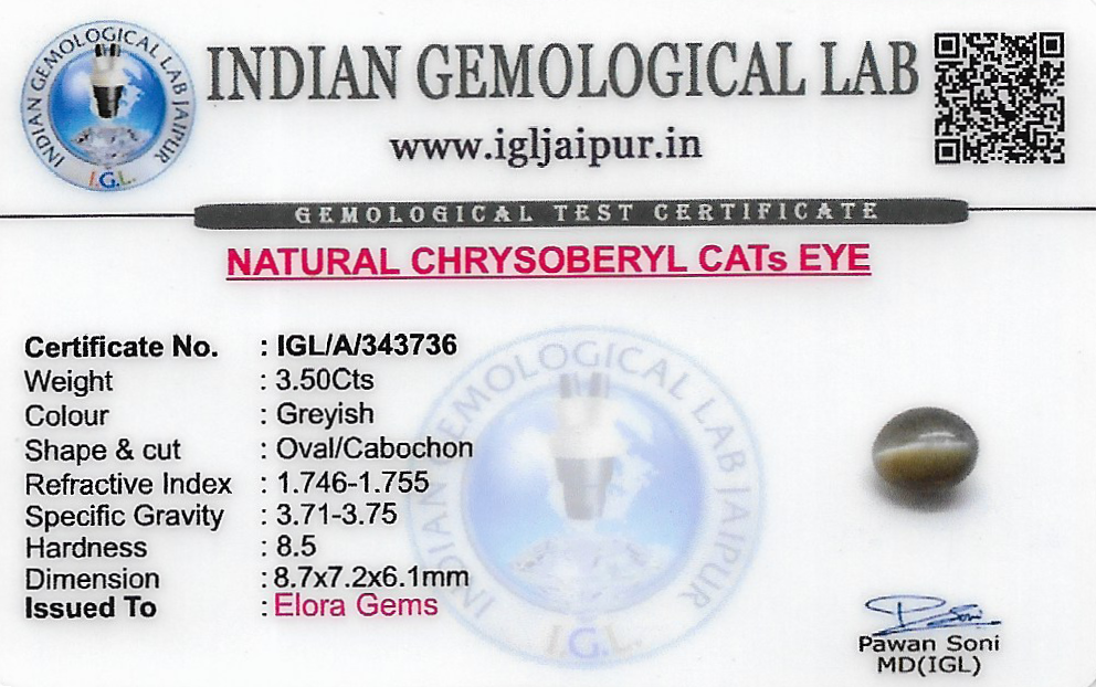 Chrysoberyl Cats Eye (Vaiduryam) 9x7 MM 3.5 carats