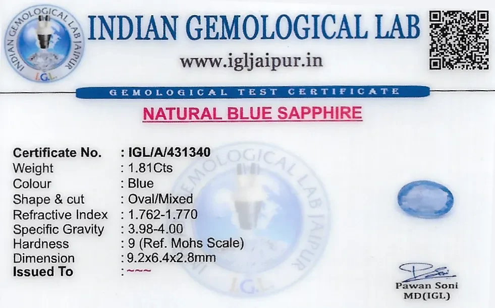 Blue Sapphire (Neelam) 9x6 MM 1.81 carats