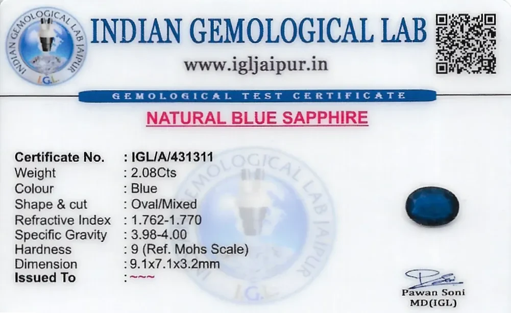 Blue Sapphire (Neelam) 9x7 MM 2.08 carats
