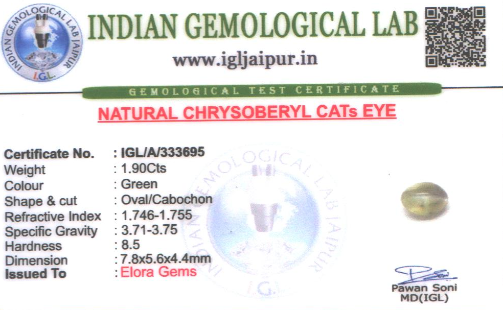 Chrysoberyl Cats Eye (Vaiduryam) 8x6 MM 1.9 carats