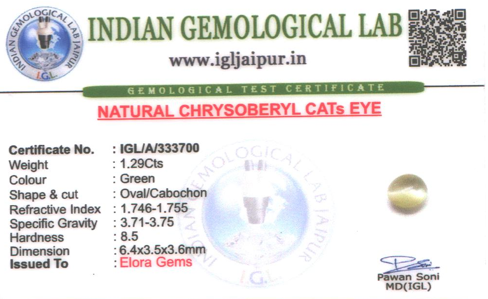Chrysoberyl Cats Eye (Vaiduryam) 6x4 MM 1.29 carats