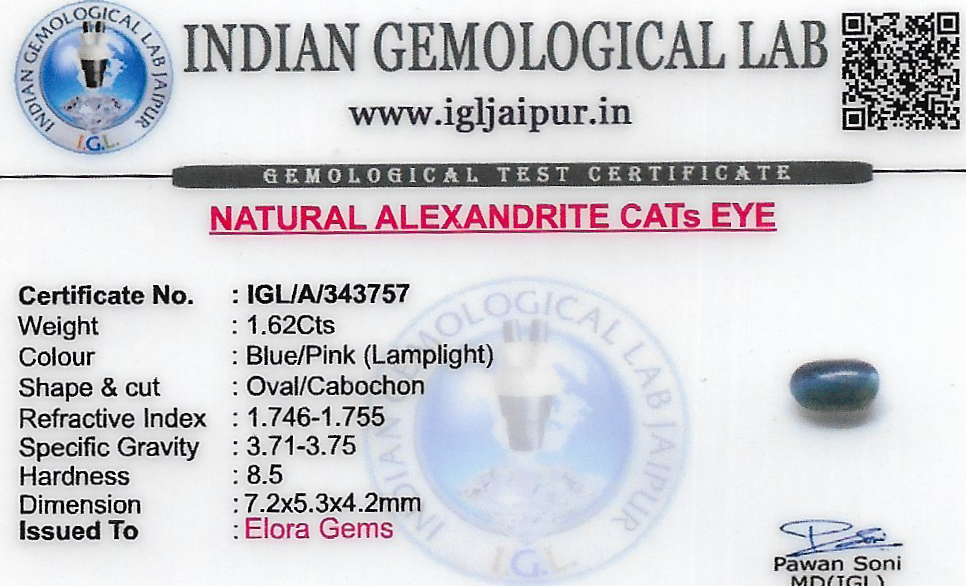 Alexandrite Cats Eye 7x5 MM 1.62 carats