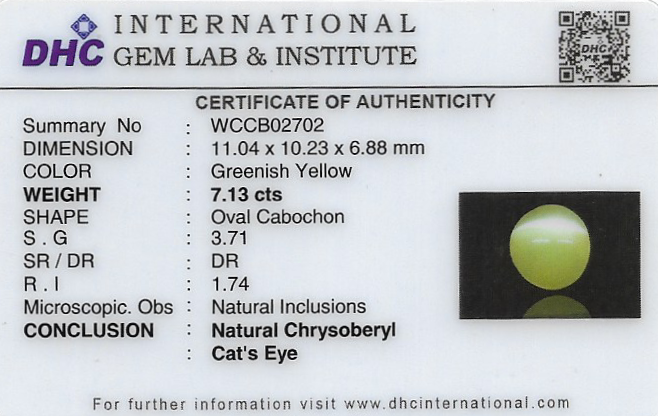 Chrysoberyl Cats Eye (Vaiduryam) 11x10 MM 7.13 carats