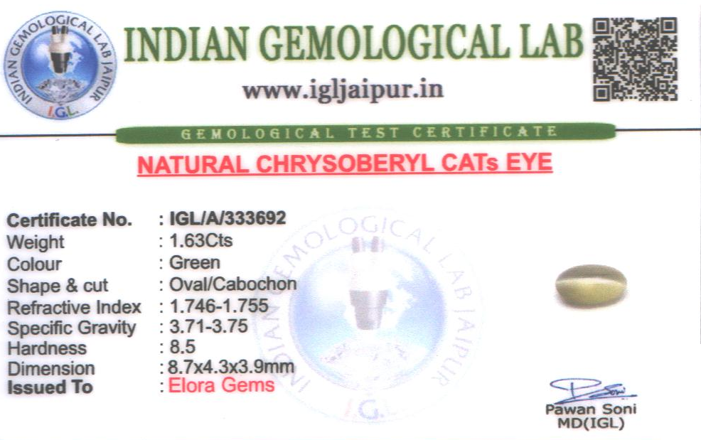 Chrysoberyl Cats Eye (Vaiduryam) 9x4 MM 1.63 carats