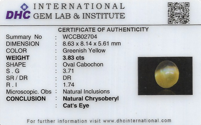 Chrysoberyl Cats Eye (Vaiduryam) 9x8 MM 3.83 carats