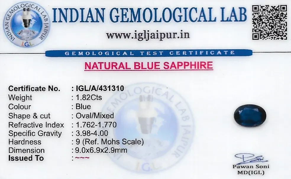 Blue Sapphire (Neelam) 9x7 MM 1.82 carats