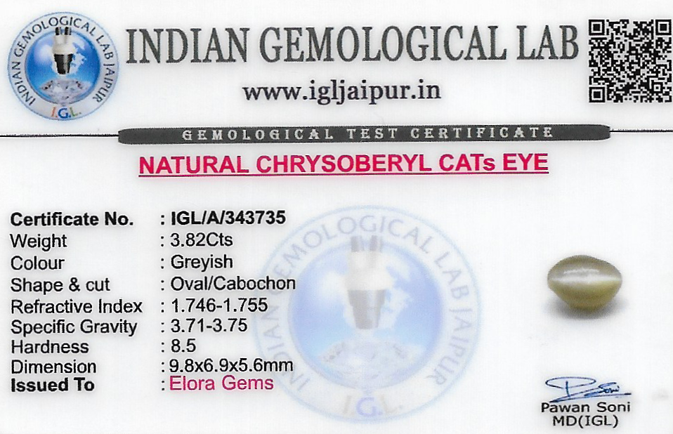 Chrysoberyl Cats Eye (Vaiduryam) 10x7 MM 3.82 carats