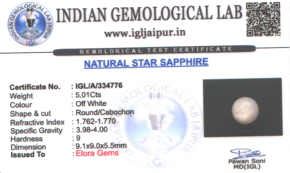 Star Sapphire 9x9 MM 5.01 carats