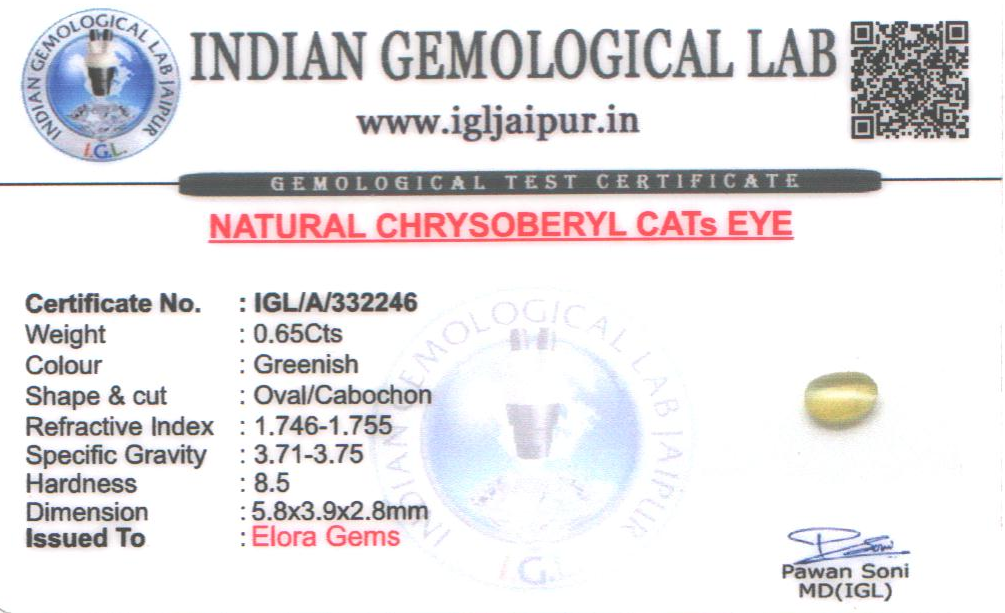Chrysoberyl Cats Eye (Vaiduryam) 6x4 MM 0.65 carats