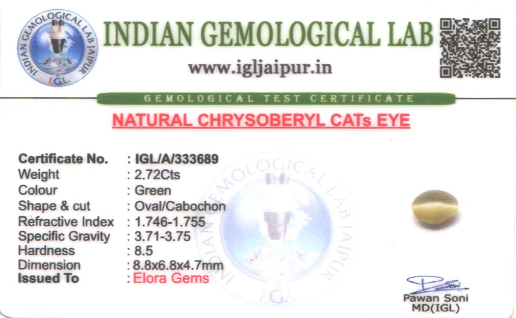 Chrysoberyl Cats Eye (Vaiduryam) 9x7 MM 2.72 carats