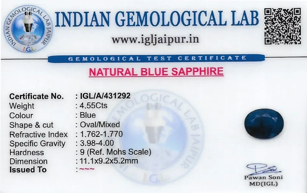Blue Sapphire (Neelam) 11x9 MM 4.55 carats