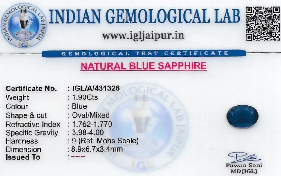 Blue Sapphire (Neelam) 9x7 MM 1.9 carats