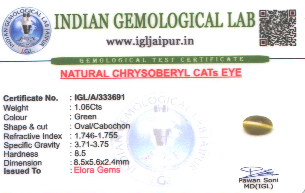 Chrysoberyl Cats Eye (Vaiduryam) 9x6 MM 1.06 carats
