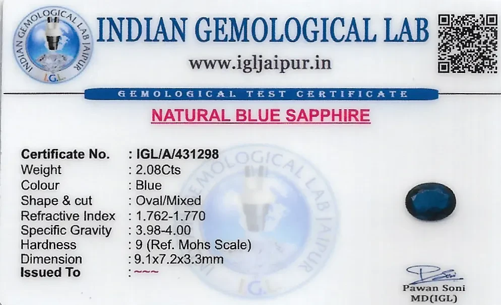 Blue Sapphire (Neelam) 9x7 MM 2.08 carats