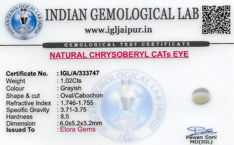 Chrysoberyl Cats Eye (Vaiduryam) 6x5 MM 1.02 carats